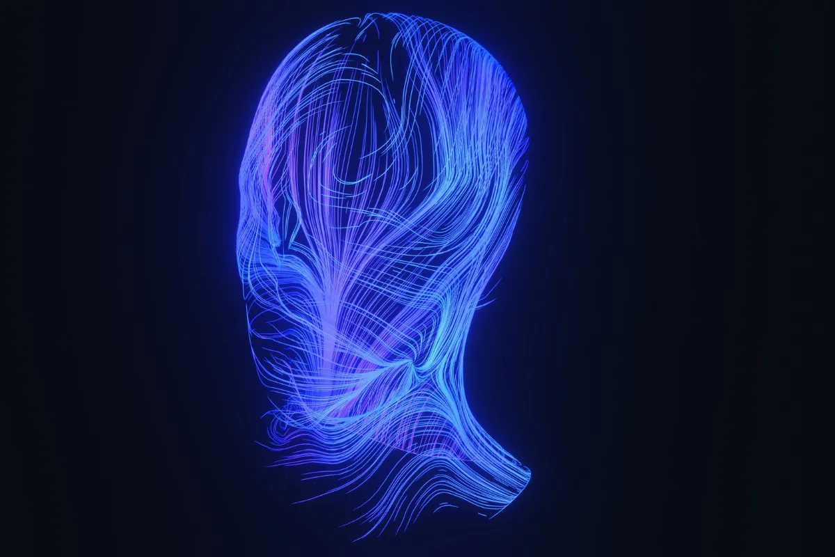 Imagen abstracta de lineas azules sobre fondo negro que se entrelazan formando el perfil de un ser humano